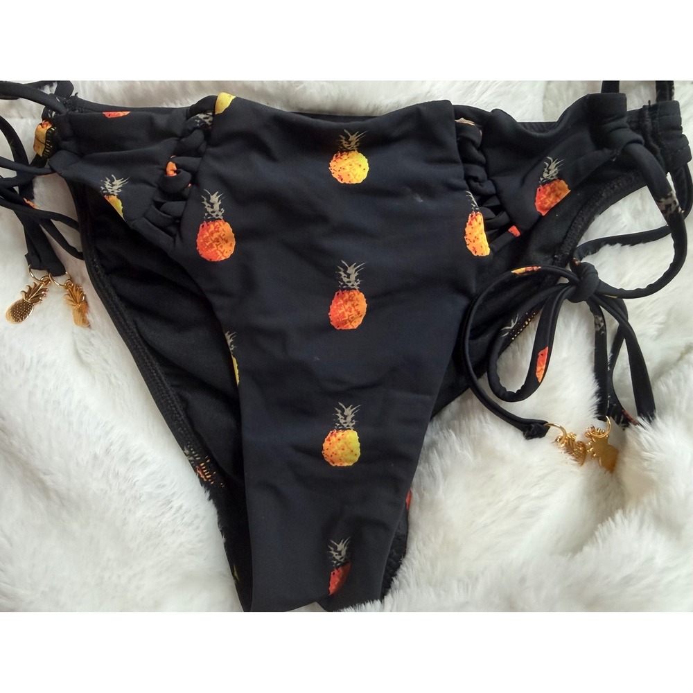 Seafolly Australia‎ Black Pineapple Print Macrame Side Tie Bikini Bottoms Size 6